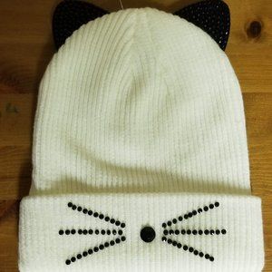 White Cat Ear Toque with Rhinestone Face 100% Acrylic Knit